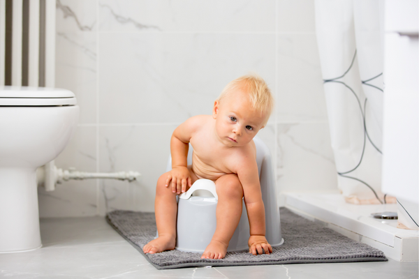 Young toddler sitting on a potty in the bathroom