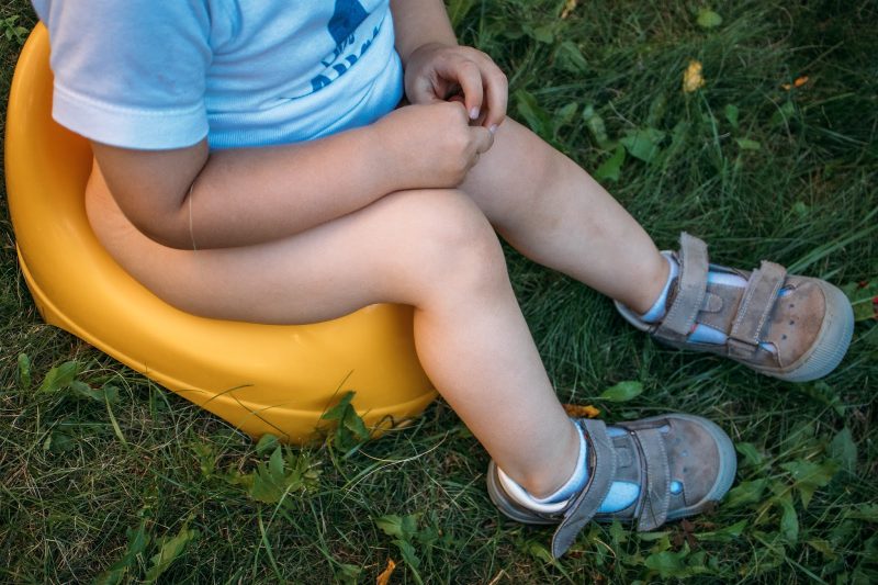 Toddler sitting on a yellow potty on the grass outside.