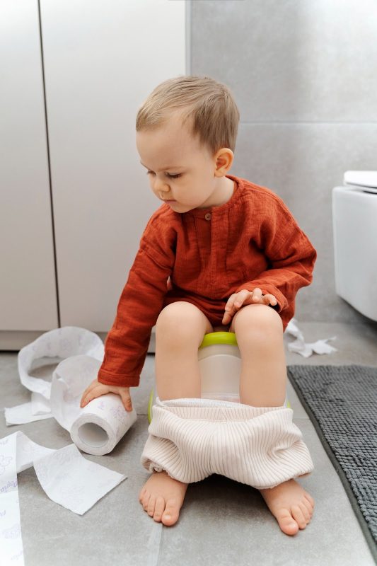 Boy sitting on a potty holding a toilet paper roll